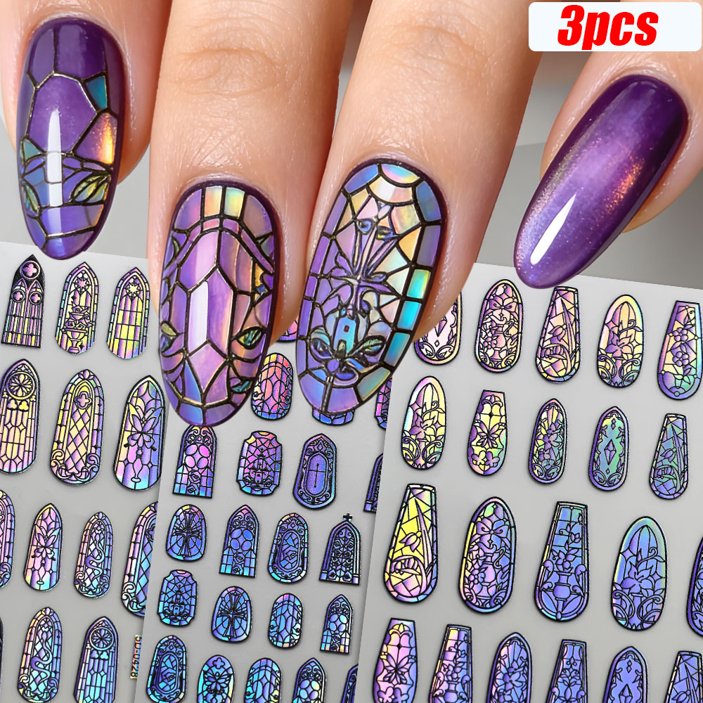 Glitter Vinyl Roll - 5D Funkelnde Retro-Glasfragment-Nagelaufkleber Holographische Blumen/Schmetterlinge/Kreuze/Schlösser Nageldekoration