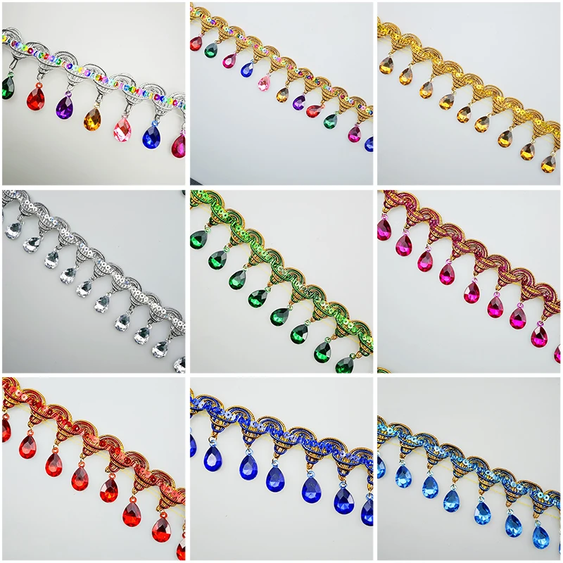Tassel Fringe Trim - Strass-Fransen-Borte mit Acryl-Edelstein-Anhänger, Pagodenform, 45mm Breite
