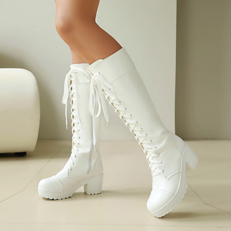 Guipure Lace Panel - Kniehohe Damen-Kampfstiefel zum Schnüren, klobige Plateau-Gothic-Stiefel,